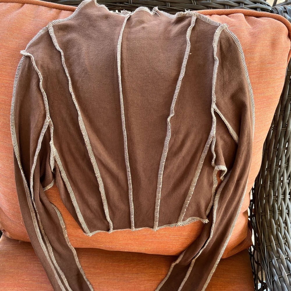 Cropped Brown Long Sleeve Top with Stripes. Super stretchy and soft - Picture 7 of 9